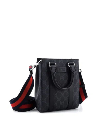 Pre-owned Gucci Convertible Web Open Gg Coated Canvas Mini Tote Bag In Black