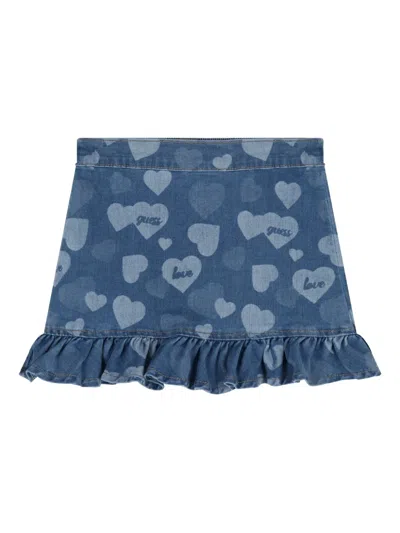Guess Heart-moif Ruffled Denim Skirt In Blue