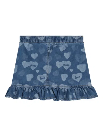 Guess Heart-moif Ruffled Denim Skirt In Blue