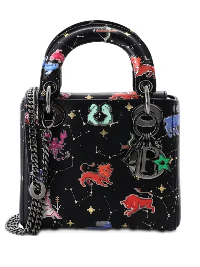 Pre-owned Dior Lady  Bag Limited Edition Pixel Zodiac Printed Calfskin Mini Shoulder Bag In Black