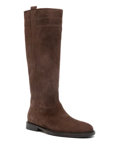 Anna F Leather Topstitching Boots In Brown