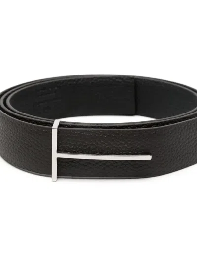 Tom Ford Dark Brown Reversible Textured Silver Buckle Belt In Black