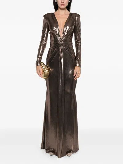 Cristallini Liora Knot Long-sleeve Maxi Dress In Brown