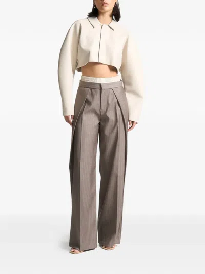 Manière De Voir Sofia Satin-waistband Pinstripe Trousers In Brown