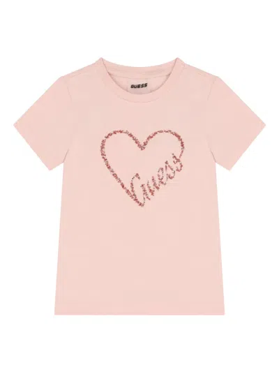 Guess Sequined-heart Logo T-shirt In Pink