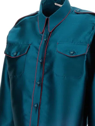 Pinag Contrast-piping Flap-pocket Silk Shirt In Blue