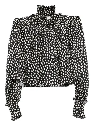 Chloé Maxi Shoulder Top Ruffled Collar Polka Dots In Black