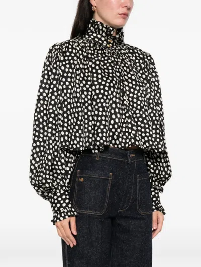 Chloé Maxi Shoulder Top Ruffled Collar Polka Dots In Black