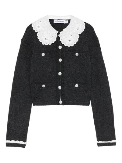 Self-portrait Lace-collar Button Cardigan In Black