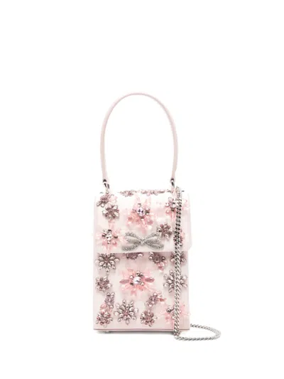 Self-portrait Floral-crystal Satin Mini Tote Bag In Pink