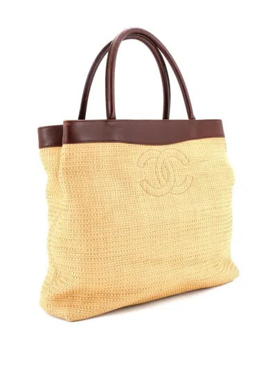 Pre-owned Chanel Cc Raffia Large Tote Bag In Brown