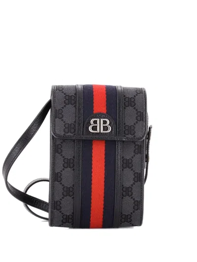 Pre-owned Balenciaga X Gucci The Hacker Project Web Phone Bag Bb Canvas Crossbody Bag In Black