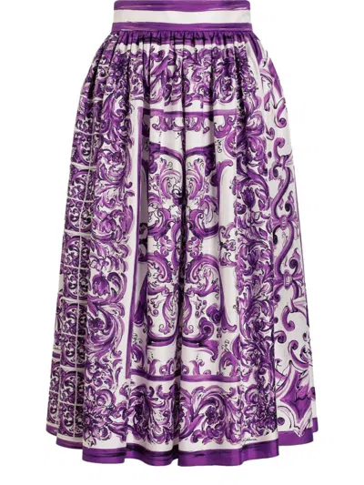 Dolce & Gabbana Women Silk Skirt With Maiolica Print In Purple