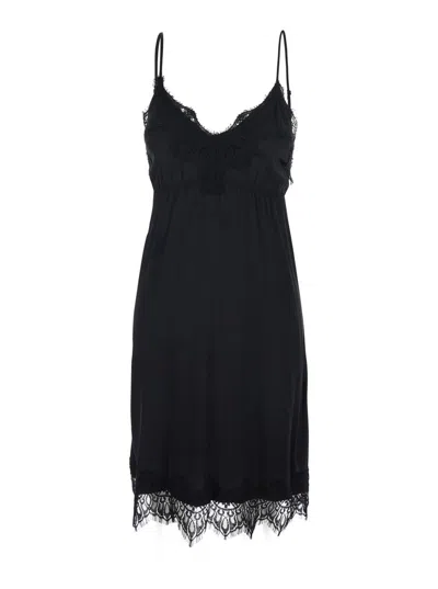 Merci Black Dress With Thin Straps And Tone-on-tone Lace Trim In Fabric Woman In Black