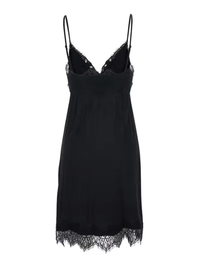 Merci Black Dress With Thin Straps And Tone-on-tone Lace Trim In Fabric Woman In Black
