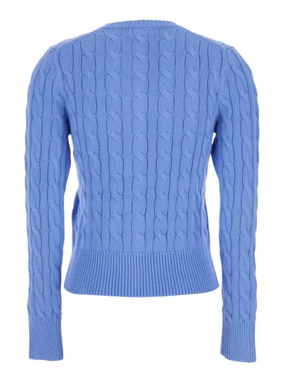 Polo Ralph Lauren Blue Crewneck Cable Knit Cardigan With Pony Embroidery On The Front In Cotton Woman In Blue