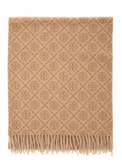 Tory Burch T Monogram Oblong Scarf In Neutral