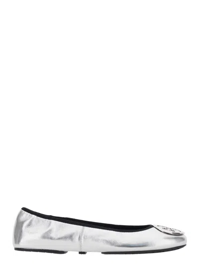 Tory Burch Minnie Travel Leather Ballet Flats In Silver