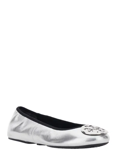 Tory Burch Minnie Travel Leather Ballet Flats In Silver