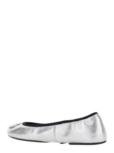 Tory Burch Minnie Travel Leather Ballet Flats In Silver