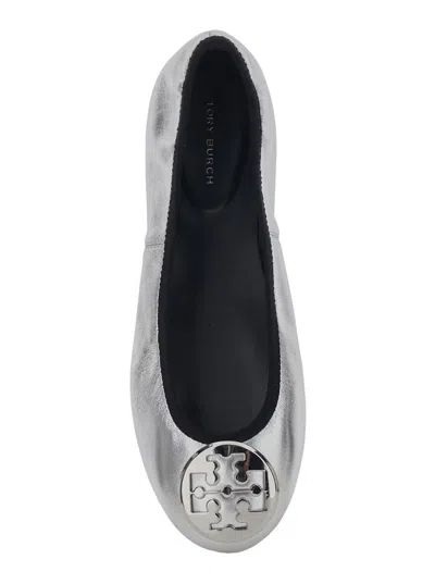 Tory Burch Minnie Travel Leather Ballet Flats In Silver