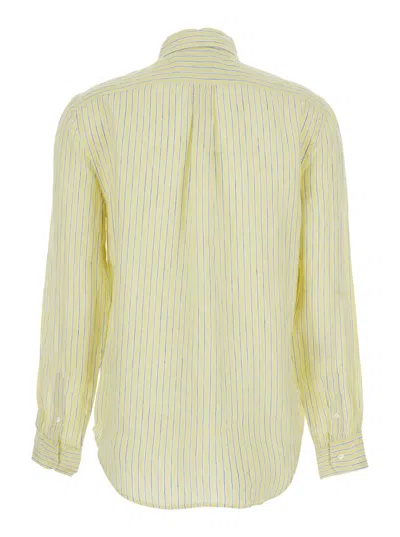 Polo Ralph Lauren Yellow Shirt With Horse Embroidery On The Front And All-over Stripe Motif In Linen Woman In Yellow