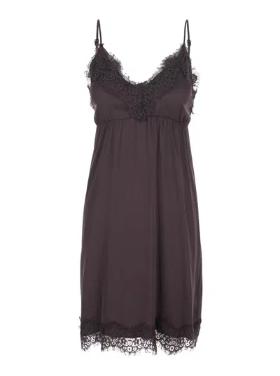 Merci Brown Dress With Thin Straps And Tone-on-tone Lace Trim In Fabric Woman In Brown