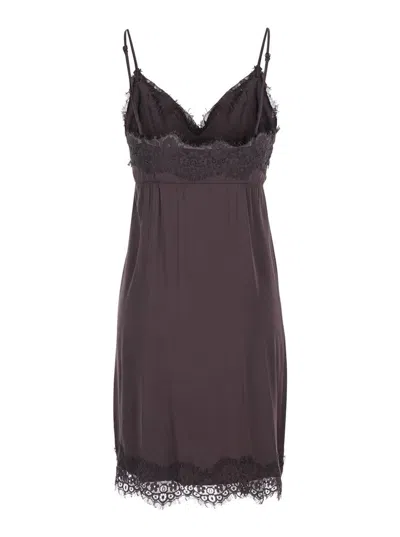 Merci Brown Dress With Thin Straps And Tone-on-tone Lace Trim In Fabric Woman In Brown