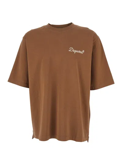 Dsquared2 Men Brown T-shirt With Embroidered Logo On The Chest In Cotton Man In Brown