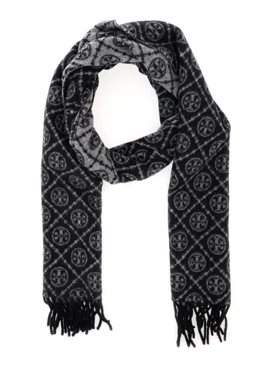 Tory Burch T Monogram Oblong Scarf In Black