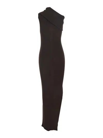 Rick Owens Athena Brown Ribbed Knit Sleeveless Asymmetric Long Dress With Wide Neckline In Viscose Blend Woman In Brown