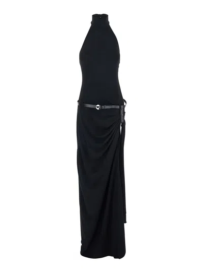 Coperni Women Black Long Dress With Open Back And Logo Belt At The Waist In Fabric Woman In Black