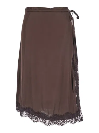 Merci Brown Skirt With Knot At The Waist And Tone-on-tone Lace Details In Fabric Woman In Brown