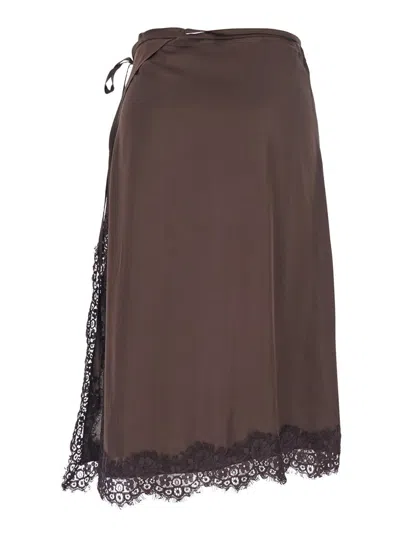 Merci Brown Skirt With Knot At The Waist And Tone-on-tone Lace Details In Fabric Woman In Brown