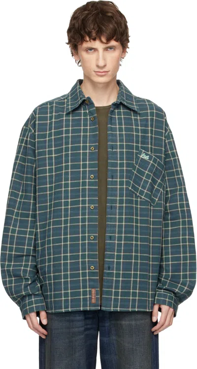 Erl Green Plaid Shirt In Blue