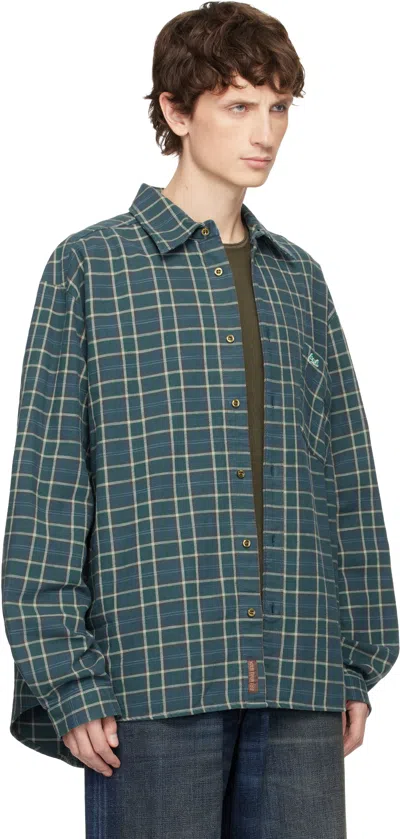 Erl Green Plaid Shirt In Blue