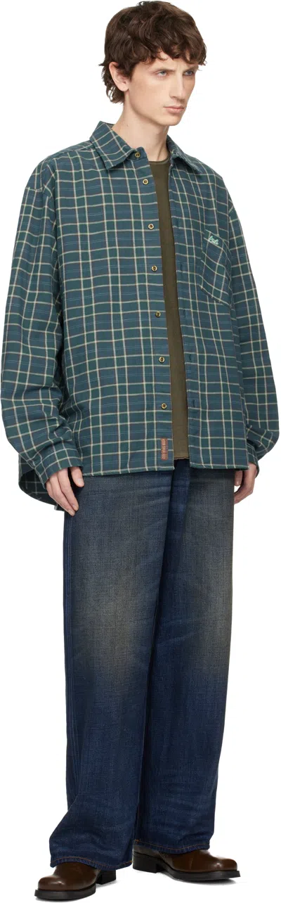 Erl Green Plaid Shirt In Blue