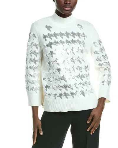 Anne Klein Sequin Houndstooth Mock Neck Sweater In White