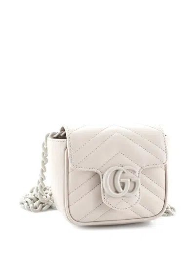 Pre-owned Gucci Gg Marmont Flap Matelasse Leather Mini Belt Bag In White