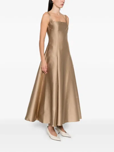 Roland Mouret Square-neck Pleated Maxi Dress In Gold