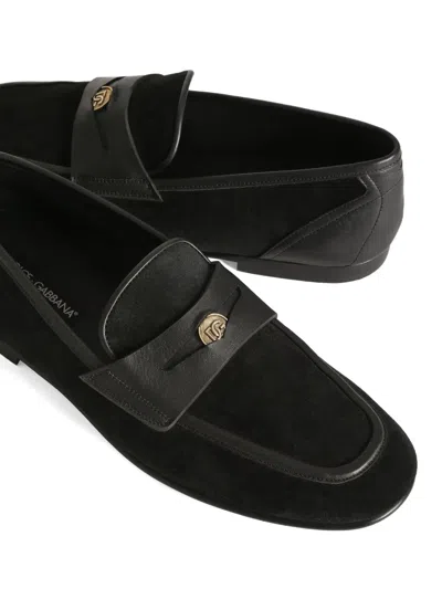 Dolce & Gabbana Ariosto Black Loafers With Metallic Dg Logo Plate On The Front In Leather And Suede Man In Multi