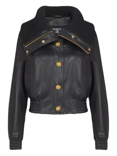 Balmain Knit-collar Button Jacket In Black
