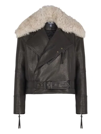 Balmain Leather Jacket With Shearling Collar In Black