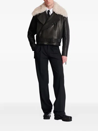 Balmain Leather Jacket With Shearling Collar In Black