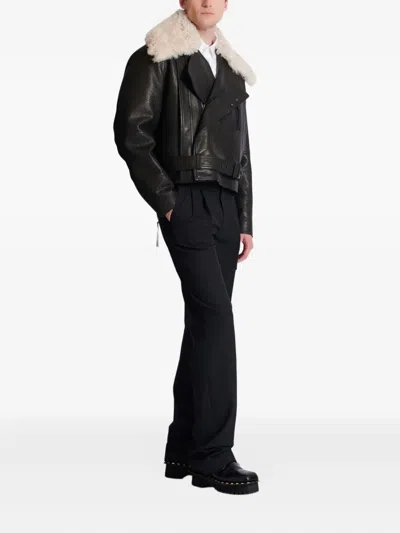 Balmain Leather Jacket With Shearling Collar In Black