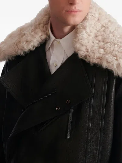 Balmain Leather Jacket With Shearling Collar In Black