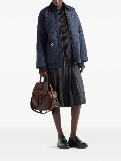 Prada Corduroy-collar Quilted Puffer Jacket In Blue