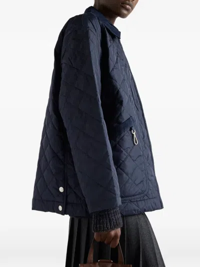 Prada Corduroy-collar Quilted Puffer Jacket In Blue
