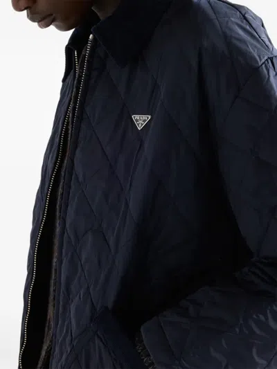 Prada Corduroy-collar Quilted Puffer Jacket In Blue