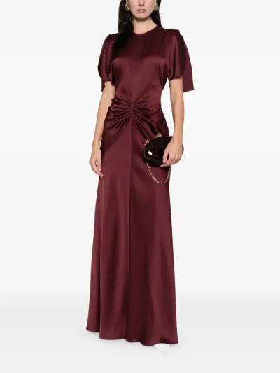 Victoria Beckham Gathered Waist Floor Length Maxi Dress In Burgundy